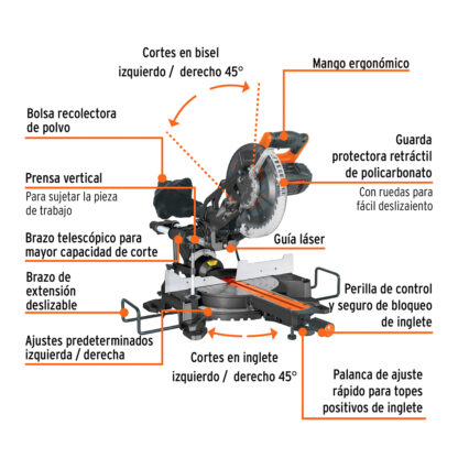 Sierra ingleteadora compuesta para corte de madera y aluminio 10" TRUPER - Imagen 2