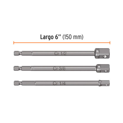 Juego de 3 adaptadores largos para dados de 1/4", 3/8" y 1/2" TRUPER - Imagen 2
