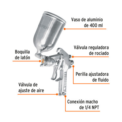 Pistola de aire de gravedad LVMP para pintar, vaso aluminio 400 ml, 1.4 mm TRUPER - Imagen 2