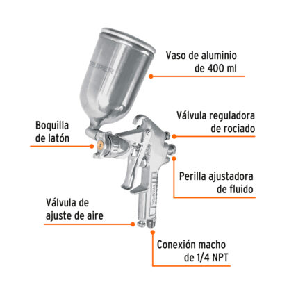 Pistola de aire de gravedad LVMP para pintar, vaso aluminio 400 ml, 1.7 mm TRUPER - Imagen 2