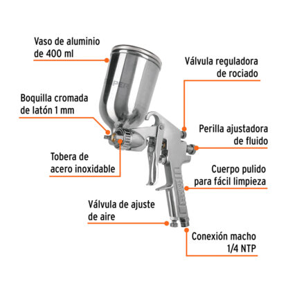 Pistola de aire de gravedad LVMP para pintar, vaso aluminio 400 ml, 1 mm TRUPER - Imagen 2