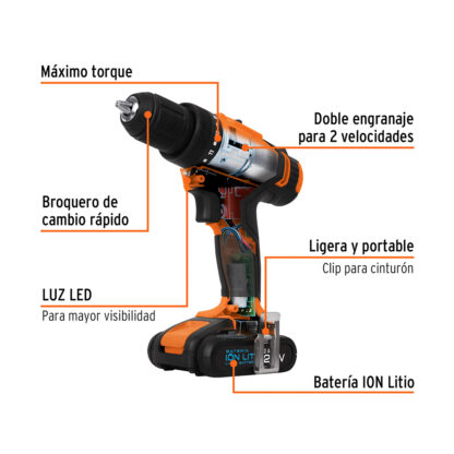 Taladro inalámbrico, batería Ion Litio 20 V, 1/2" TRUPER - Imagen 2