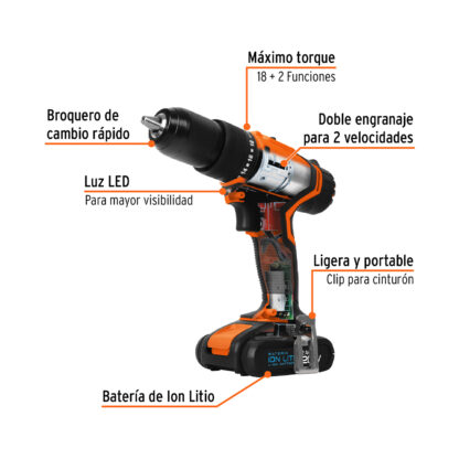 Taladro percutor inalámbrico, batería Ion Litio 20 V TRUPER - Imagen 2