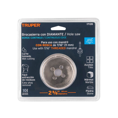Sierra copa con diamante de 2 5/8" borde continuo TRUPER - Imagen 2