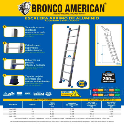 Escalera Arrimo de Aluminio de 8 Pasos BRONCO AMERICAN - Imagen 3