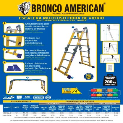 Escalera Fibra de Vidrio Multiposición de 16 Pasos 4x4 Bronco American Ladder - Imagen 3