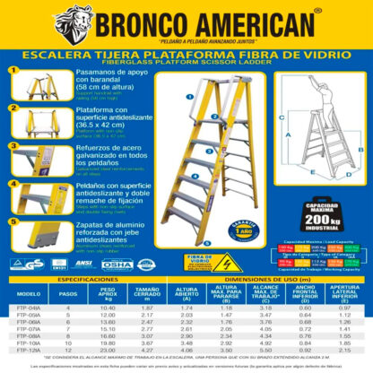 Escalera Fibra de Vidrio Tijera con Plataforma de 7 Pasos Bronco American Ladder - Imagen 3