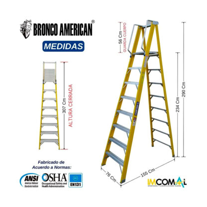 Escalera Fibra de Vidrio Tijera con Plataforma de 8 Pasos Bronco American Ladder - Imagen 2