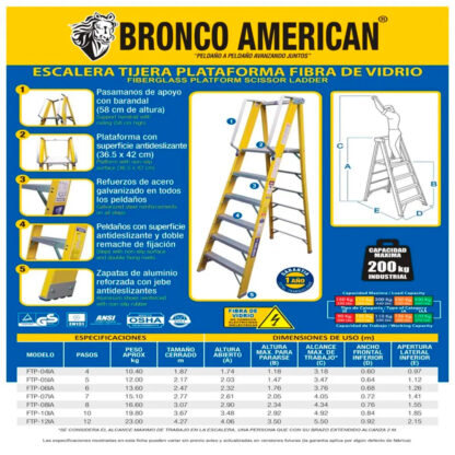 Escalera Fibra de Vidrio Tijera con Plataforma de 8 Pasos Bronco American Ladder - Imagen 3