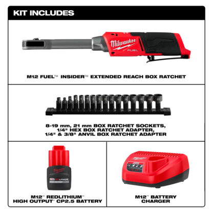 Kit De Llave Rachet De Alcance Extendido M12 Fuel Insider (Cargador + Bateria) Milwaukee - Imagen 3
