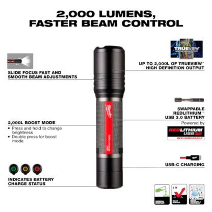 Linterna con Enfoque Deslizante USB REDLITHUIUM™ de 2000 Lúmenes MILWAUKEE - Imagen 4